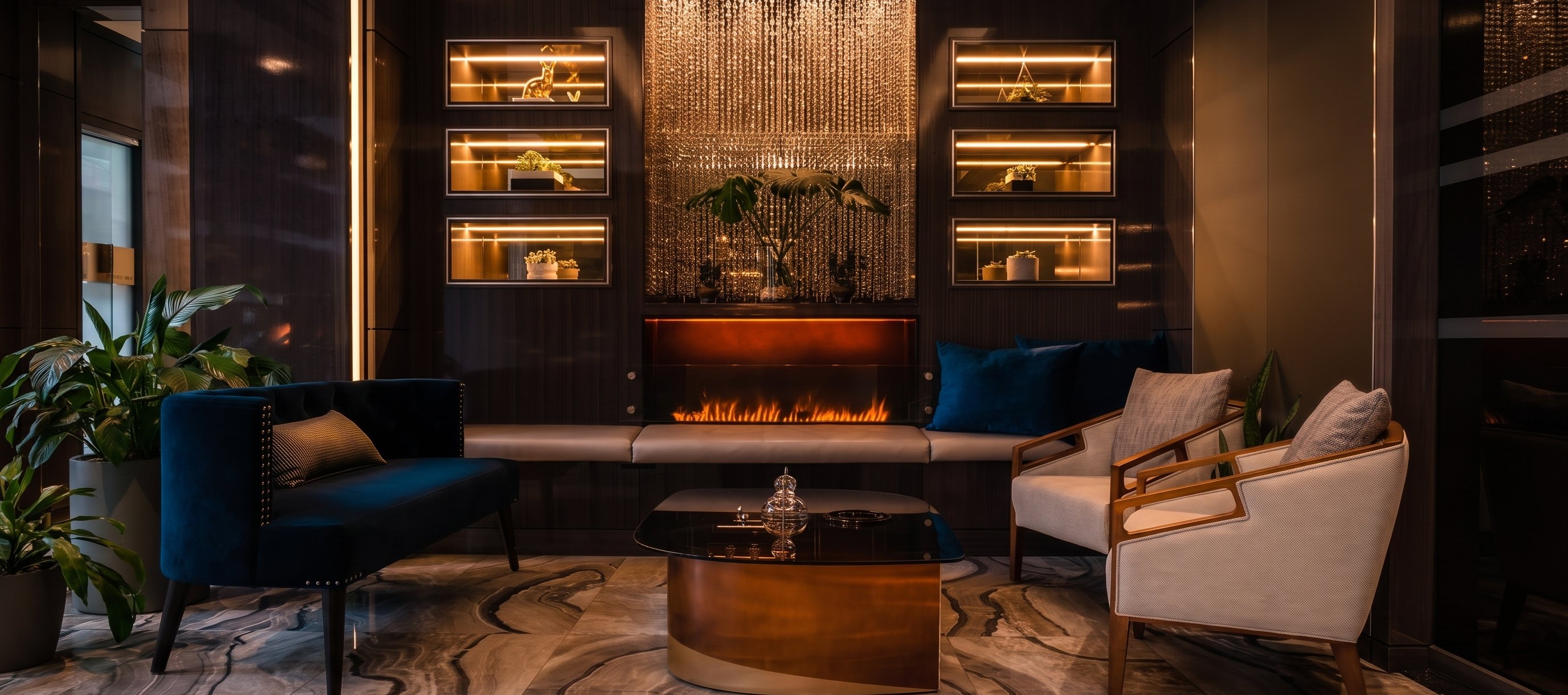 The Xylia lounge: lit wall niches, a crystal bead curtain over a linear fireplace, velvet sofas and marble floor
